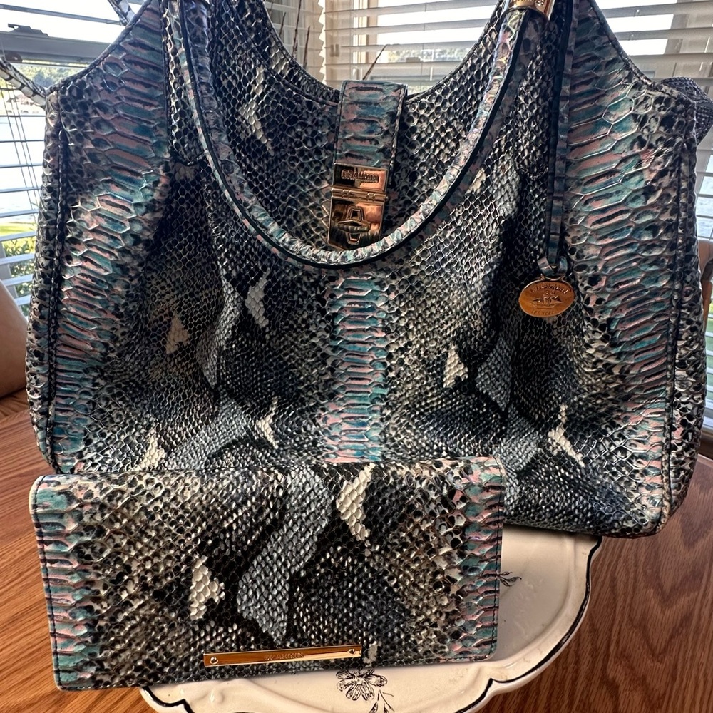 Brahmin Metallic Blue Snake Print Satchel & Wallet set like new! Immaculate
